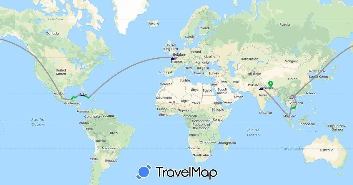 TravelMap itinerary: driving, bus, plane, train, boat in Canada, Cuba, France, India, Cambodia, South Korea, Mexico, Malaysia, Nepal, Vietnam (Asia, Europe, North America)